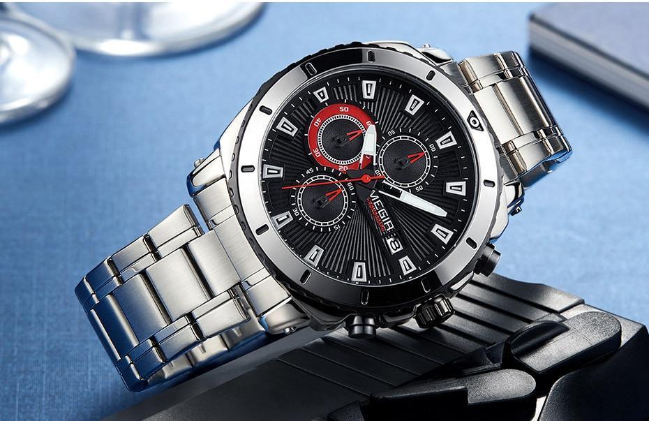 Stevvex stainless steel men's chronograph watch with black dial and red subdials on Tampa Home & Garden Store