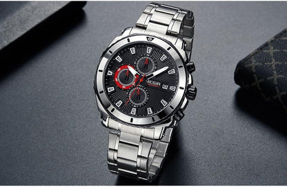 Stevvex men's stainless steel chronograph watch with black dial and red subdials on Tampa Home & Garden Store