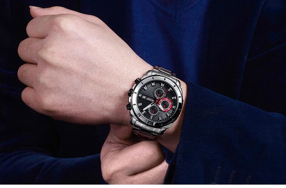 Watch Stevvex luxury men's stainless steel quartz chronograph with black dial and red accents on Tampa Home & Garden Store
