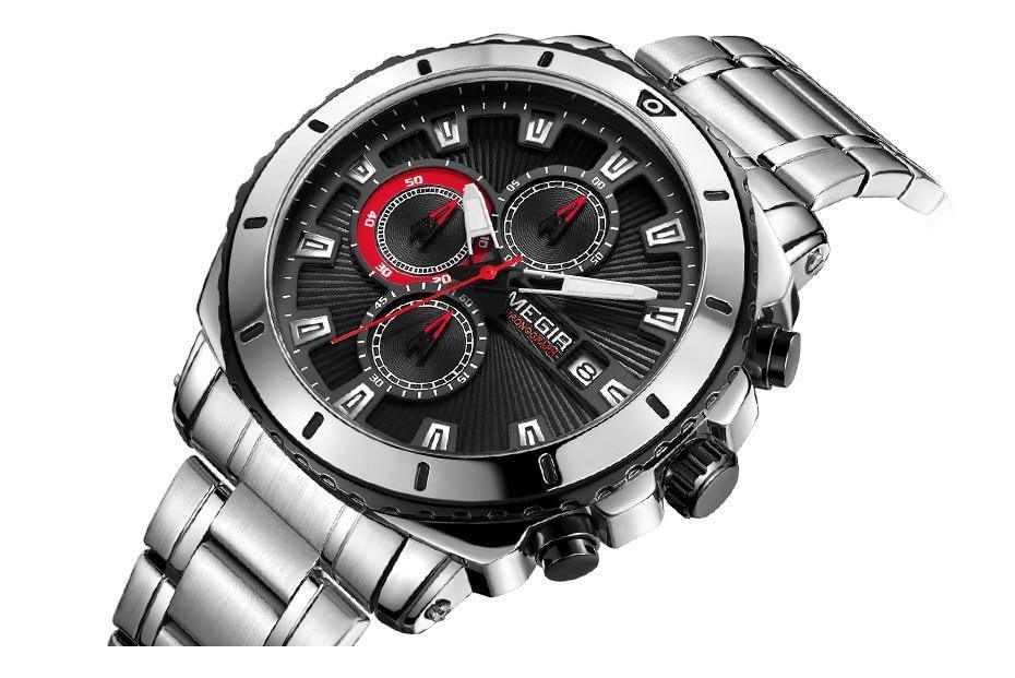 Stevvex luxury men's stainless steel chronograph watch with black dial and red accents on Tampa Home & Garden Store