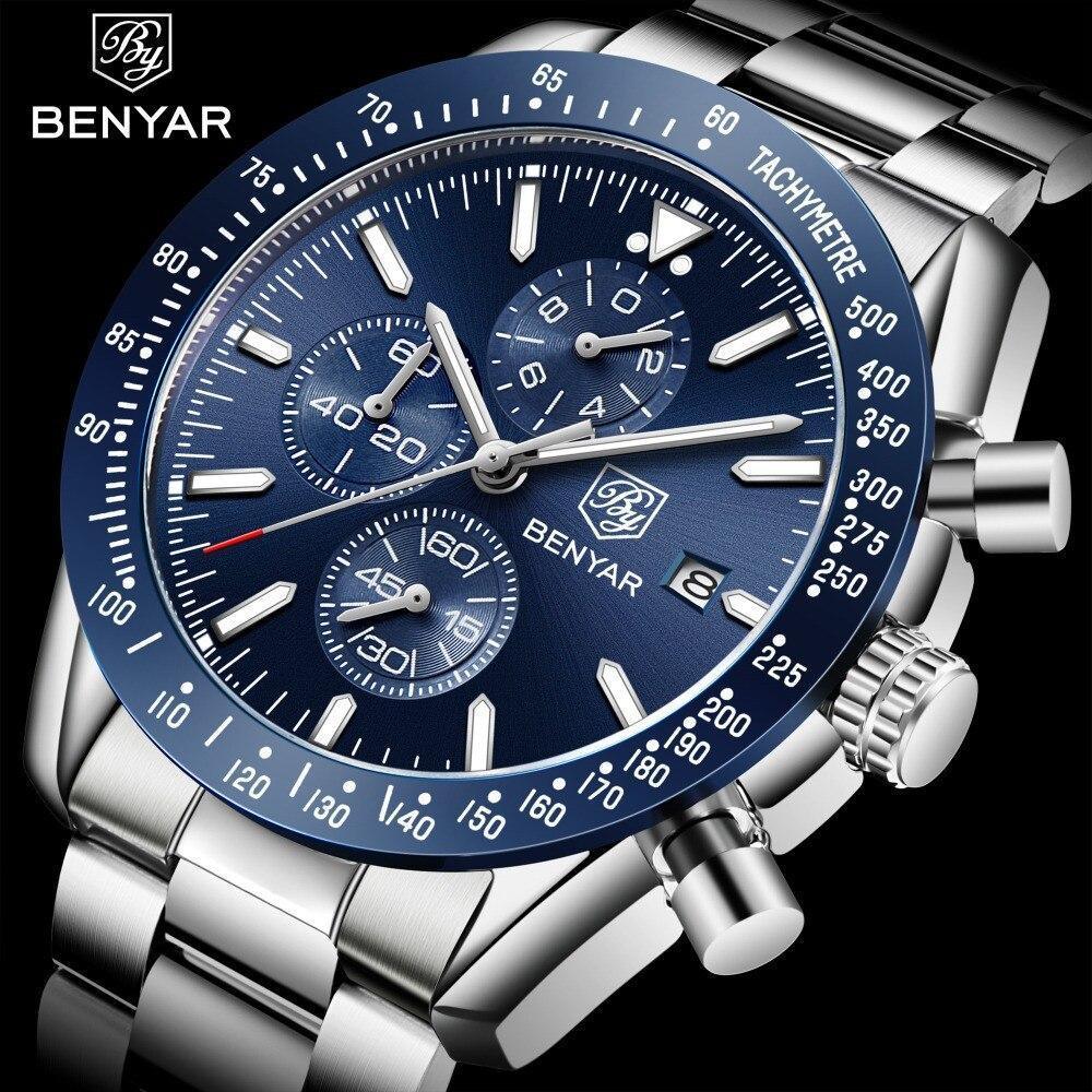 Men's blue dial chronograph watch with stainless steel bracelet, waterproof Benyar on Tampa Home & Garden Store
