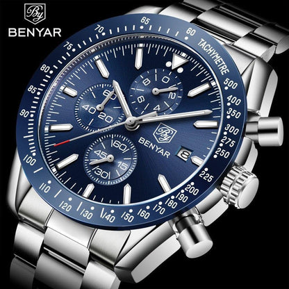 Men's blue dial chronograph watch with stainless steel bracelet, waterproof Benyar on Tampa Home & Garden Store