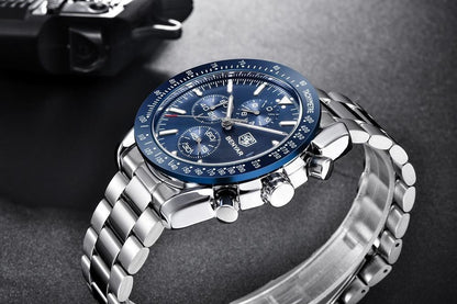 Men's stainless steel watch with blue dial and chronograph on Tampa Home & Garden Store