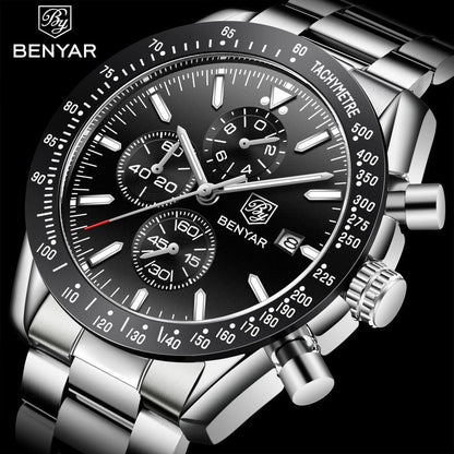 Men's steel chronograph watch Benyar, black dial, tachymeter bezel, subdials and date window on Tampa Home & Garden Store