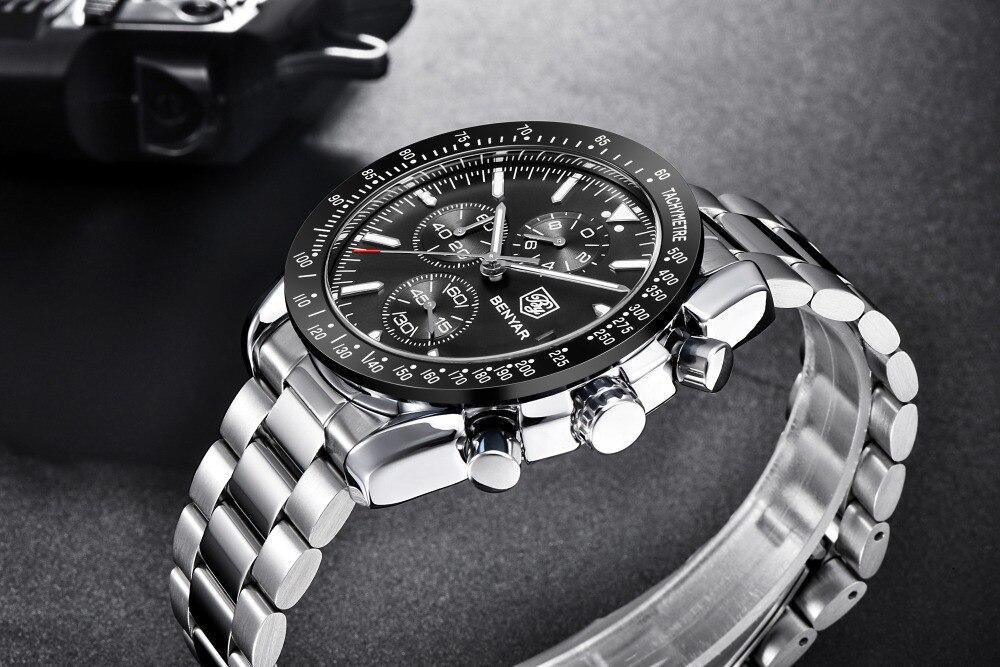 Stevvex men's stainless steel chronograph watch with black dial and silver bracelet on Tampa Home & Garden Store