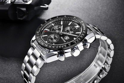 Stevvex men's stainless steel chronograph watch with black dial and silver bracelet on Tampa Home & Garden Store