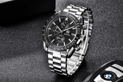 Stevvex ST665NURAZ44 men's stainless steel chronograph watch with black dial tachymeter on Tampa Home & Garden Store