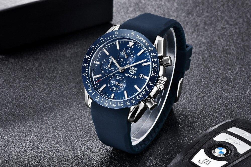 Men's blue chronograph wristwatch with steel case and blue silicone strap Benyar on Tampa Home & Garden Store
