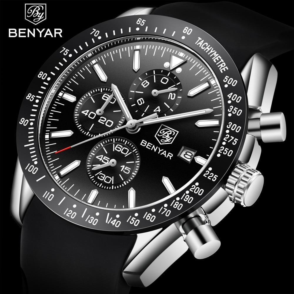Men's chronograph watch with black dial, silver case, tachymeter bezel and black strap by Benyar on Tampa Home & Garden Store