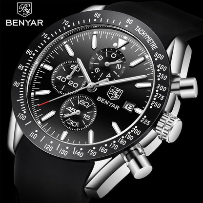Men's chronograph watch with black dial, silver case, tachymeter bezel and black strap by Benyar on Tampa Home & Garden Store
