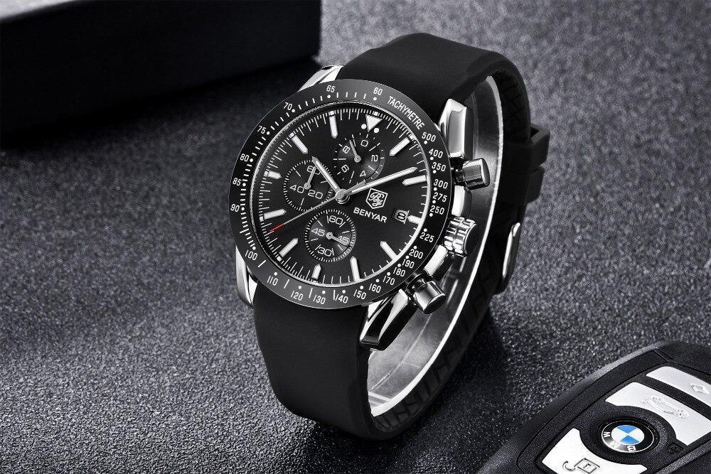 Men's black chronograph watch with stainless steel case and silicone strap; BENYAR on Tampa Home & Garden Store