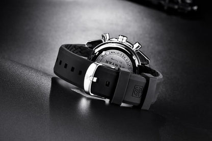 Stevvex men's chronograph watch with black rubber strap and silver case back view on Tampa Home & Garden Store