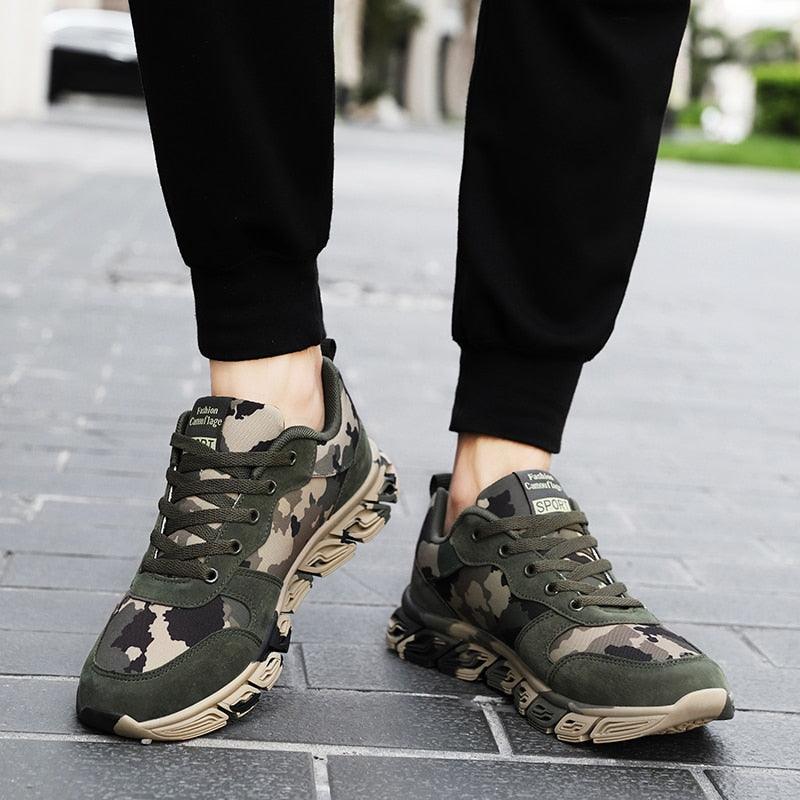Stevvex camouflage running sneakers, pair of unisex athletic shoes in green olive tones with breathable mesh on Tampa Home & Garden Store