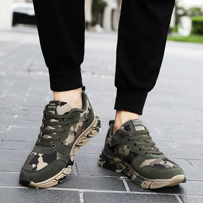 Stevvex camouflage running sneakers, pair of unisex athletic shoes in green olive tones with breathable mesh on Tampa Home & Garden Store