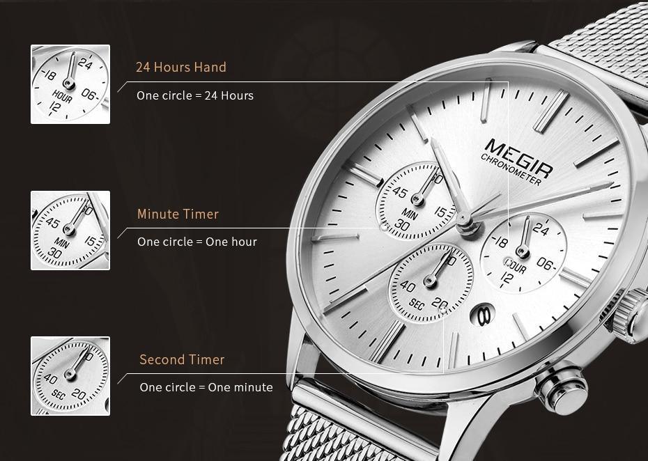 Multifunctional women's chronograph watch with silver-tone stainless steel mesh band MEGIR on Tampa Home & Garden Store