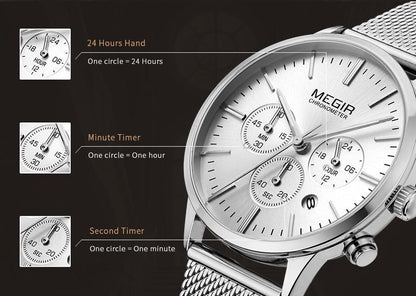 Multifunctional women's chronograph watch with silver-tone stainless steel mesh band MEGIR on Tampa Home & Garden Store