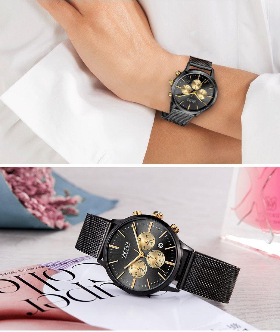 Stevvex women's watch with gold subdials and steel mesh strap on Tampa Home & Garden Store
Stevvex black luxury women watch with gold subdials on stainless steel mesh strap placed on magazine on Tampa Home & Garden Store