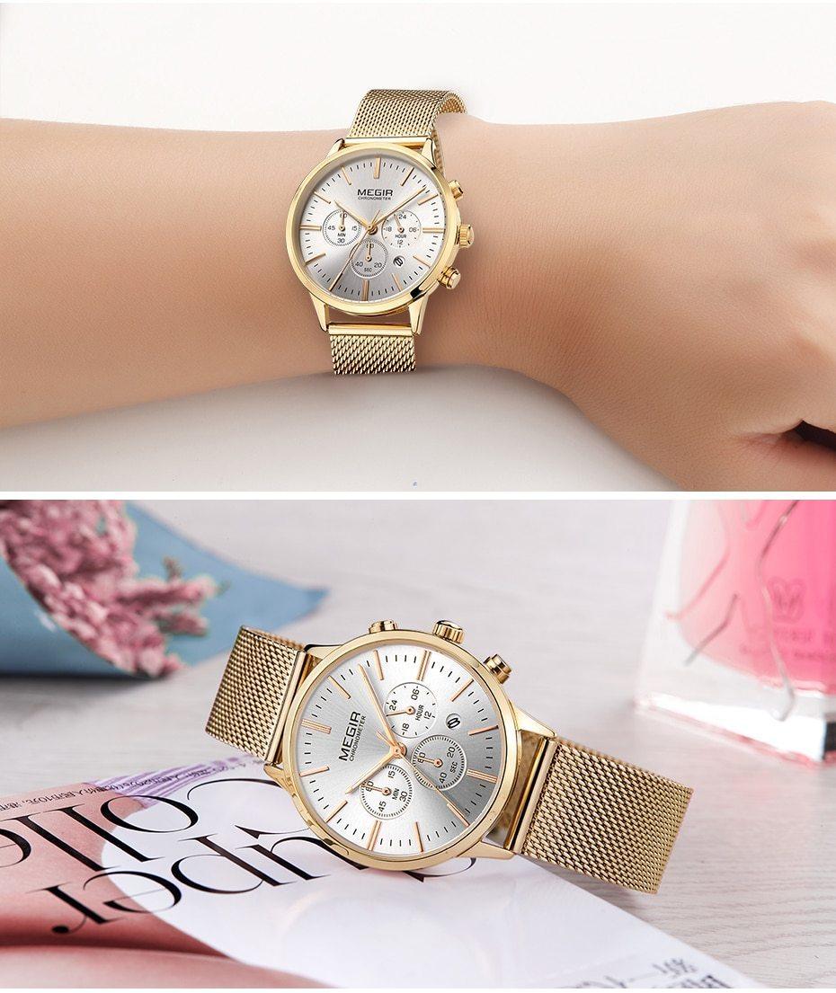 Women's gold-tone MEGIR chronograph watch with mesh strap and silver dial on Tampa Home & Garden Store