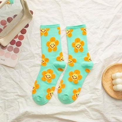 Stevvex crew socks turquoise with yellow sunflower faces breathable kawaii women socks on Tampa Home & Garden Store