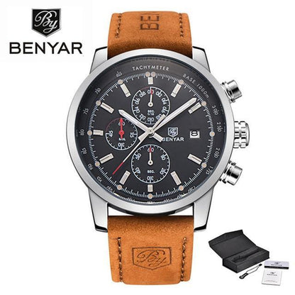 Mens stainless steel chronograph watch with black dial and brown leather strap Benyar logo on Tampa Home & Garden Store
