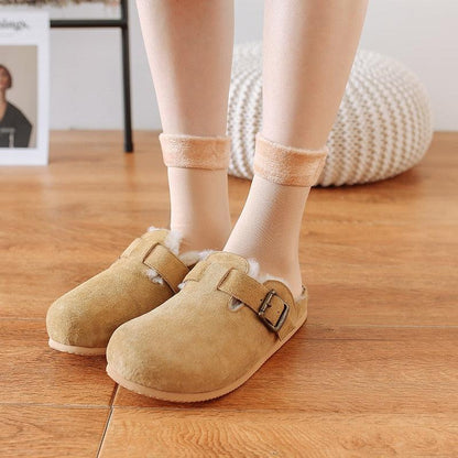 Stevvex women's slippers with buckle straps in tan faux suede, plush shearling lining, 1 pair on Tampa Home & Garden Store