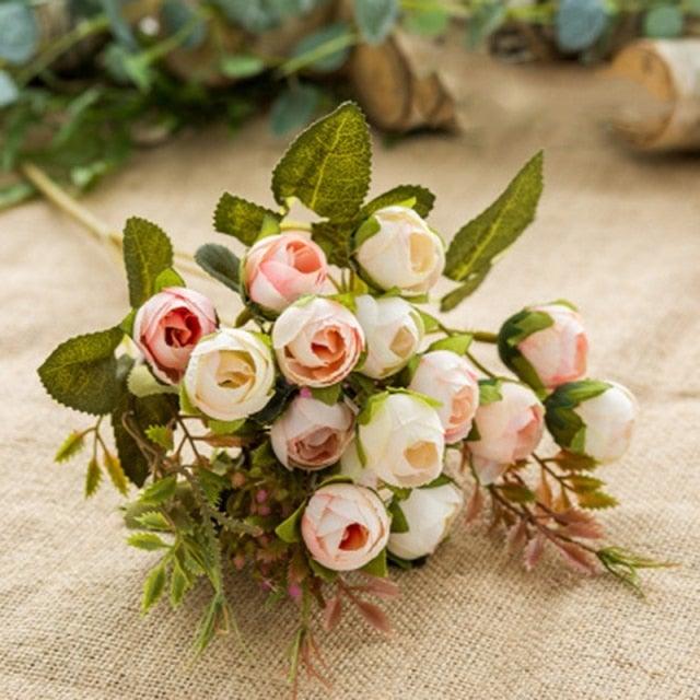 Silk tea rose bouquet 15 heads, Stevvex, pink and ivory with green foliage on Tampa Home & Garden Store