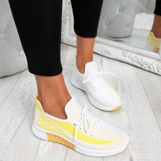 Stevvex women's mesh lace-up sneakers white yellow, round toe, knit anti-slip sole pair on Tampa Home & Garden Store