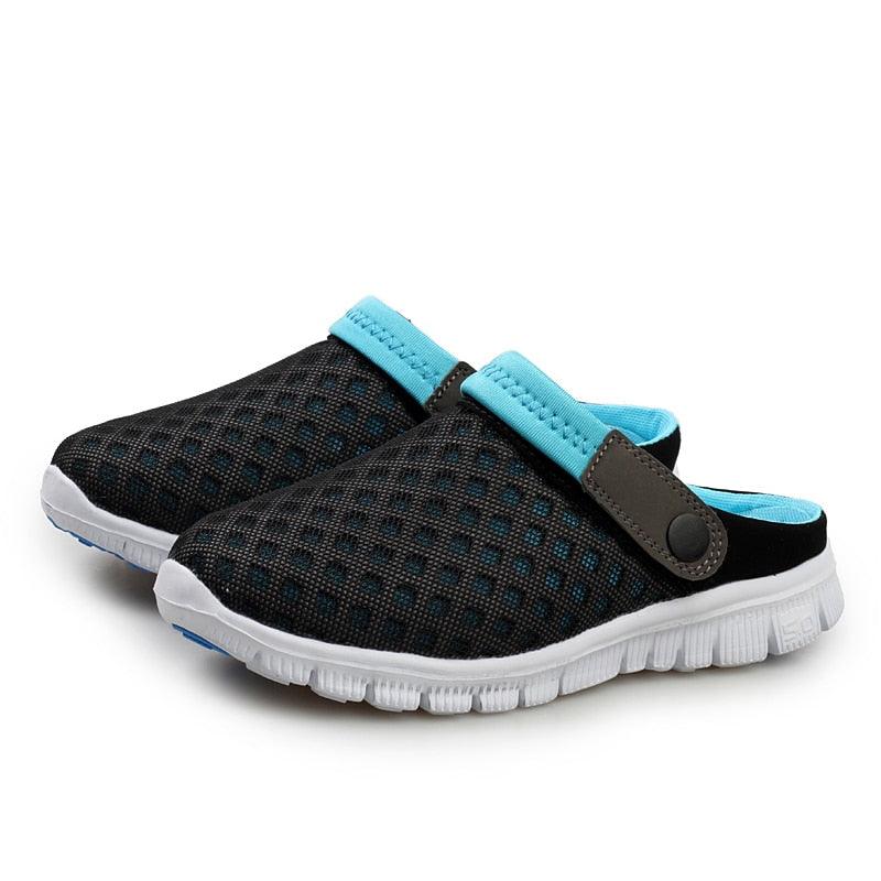 Stevvex men's black breathable mesh sandals with blue straps, outdoor slippers on Tampa Home & Garden Store