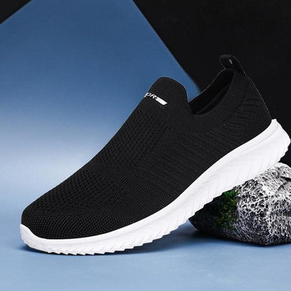 Stevvex black knit slip-on sneakers with white sole casual outdoor walking shoes on Tampa Home & Garden Store