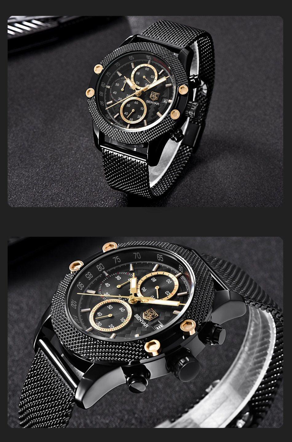 Stevvex men's black chronograph watch with gold accents, mesh strap, waterproof quartz on Tampa Home & Garden Store