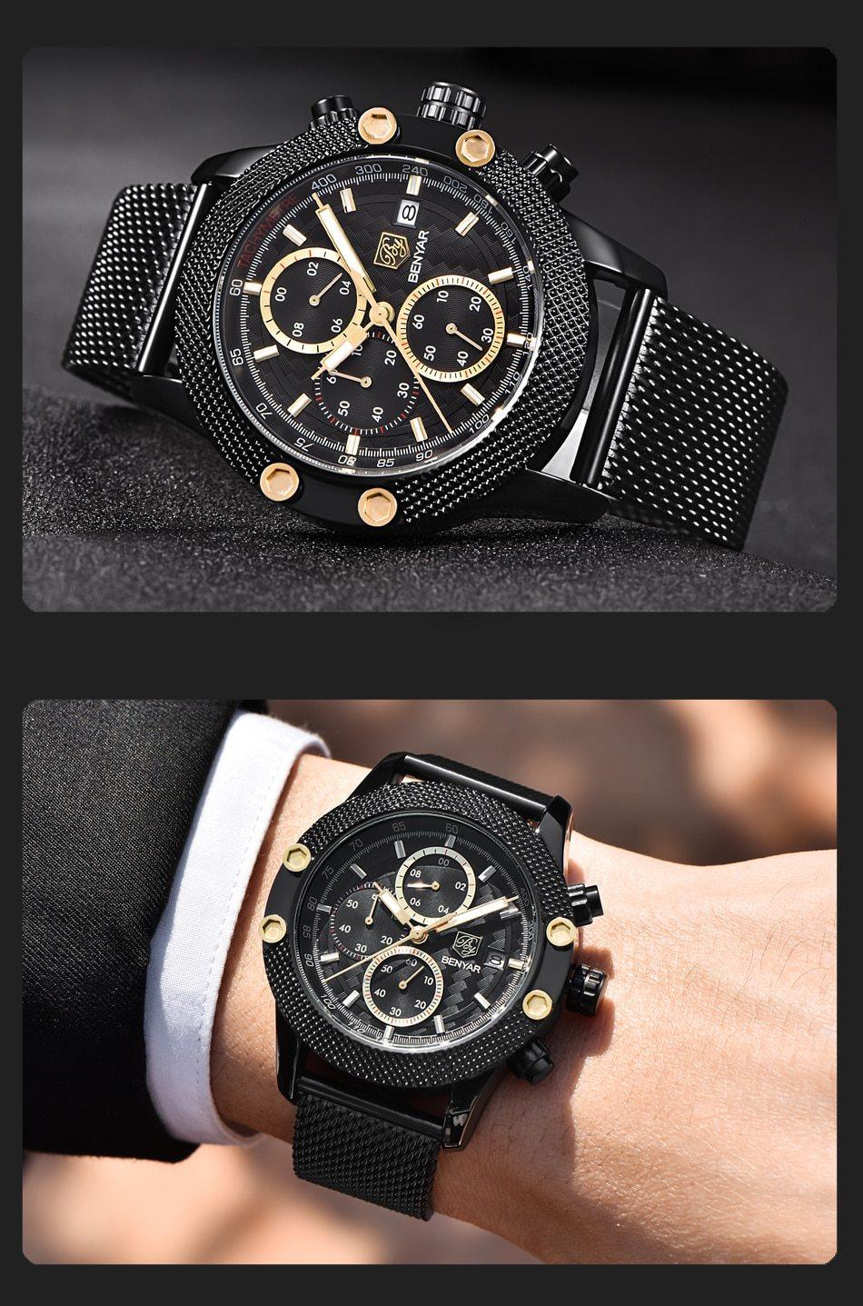 Stevvex ST485HMT48 sport chronograph men's watch with black dial, gold accents, mesh band on Tampa Home & Garden Store
Stevvex ST485HMT48 chronograph watch with black dial, gold subdials, mesh strap on wrist on Tampa Home & Garden Store