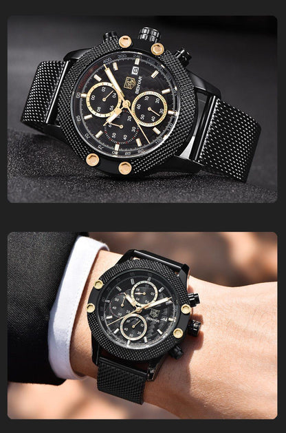 Stevvex ST485HMT48 sport chronograph men's watch with black dial, gold accents, mesh band on Tampa Home & Garden Store
Stevvex ST485HMT48 chronograph watch with black dial, gold subdials, mesh strap on wrist on Tampa Home & Garden Store