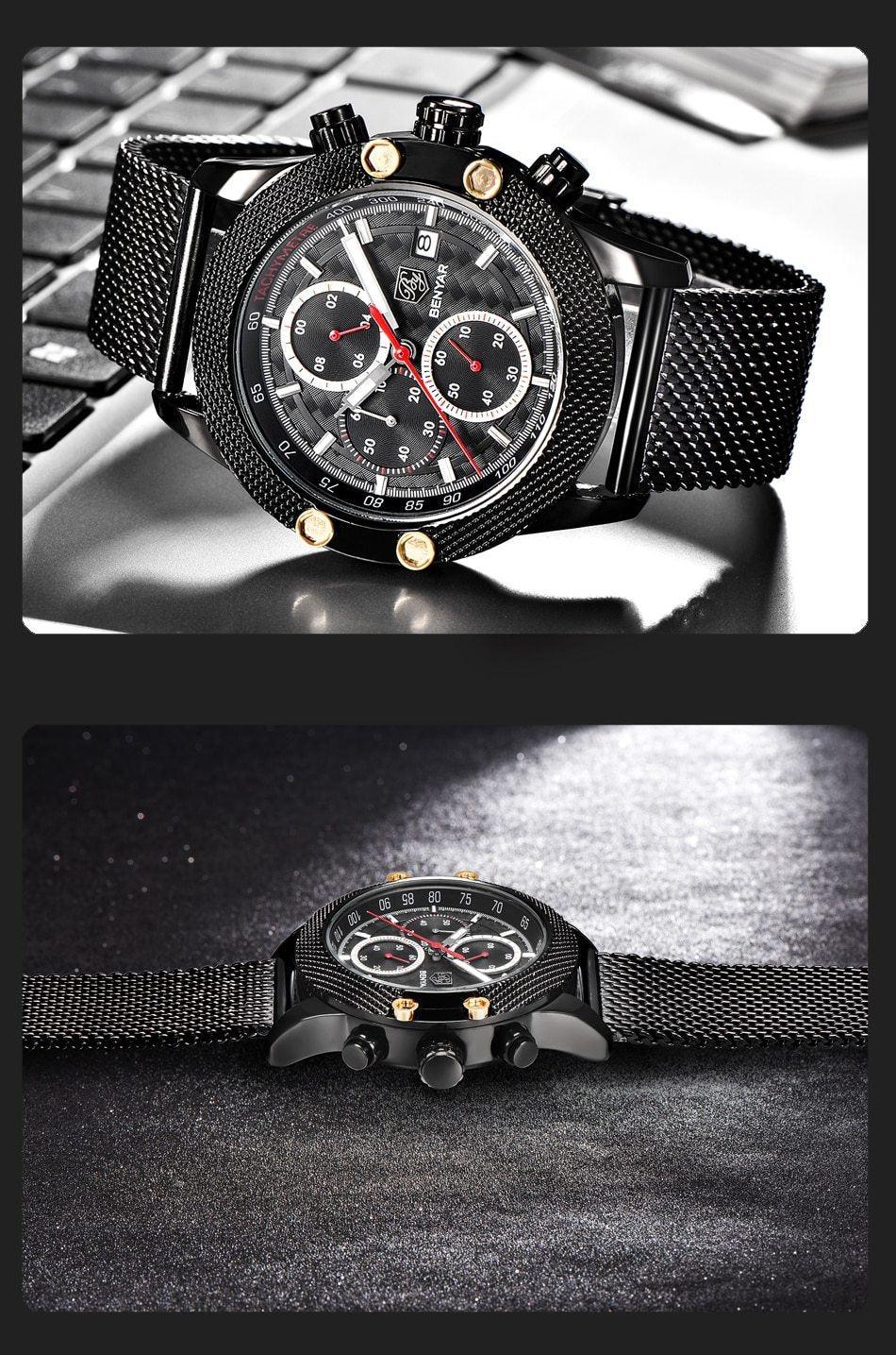 Stevvex ST485HMT48 sport chronograph watch with black mesh band and gold-tone case on Tampa Home & Garden Store