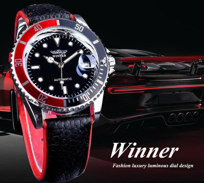 Stevvex ST128STEXUM2 men's watch with black dial, red bezel, luminous hands, leather strap on Tampa Home & Garden Store