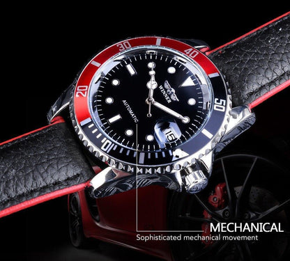 Stevvex ST128STEXUM2 men's sport watch with black dial, red bezel and leather strap on Tampa Home & Garden Store