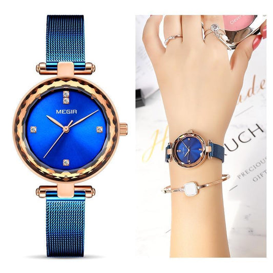 Stevvex ST881RONDUR1 rose gold analog watch with blue dial and blue mesh strap two views on Tampa Home & Garden Store
