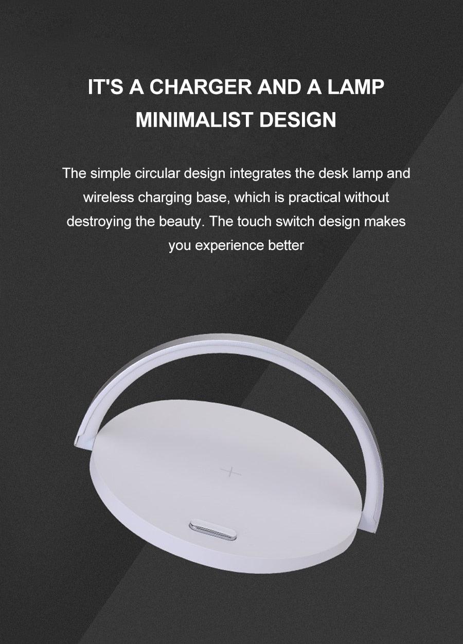 Stevvex wireless charger LED night light desk lamp with circular base and curved arc handle on Tampa Home & Garden Store