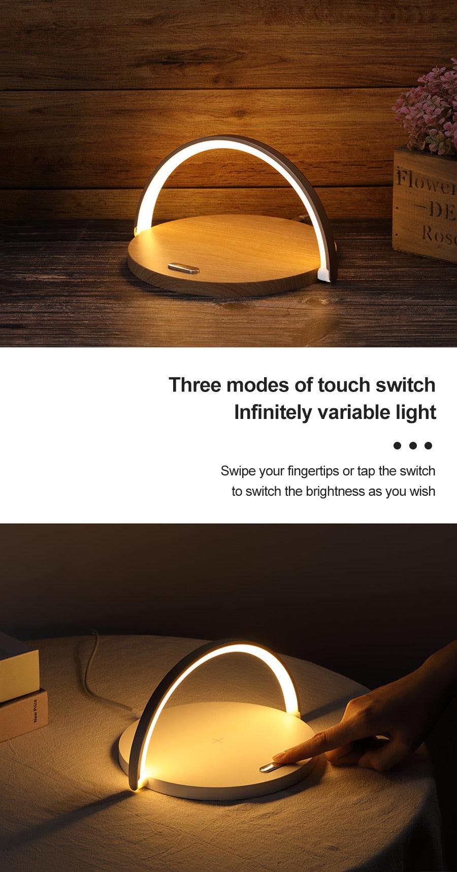 Stevvex wireless charger LED night light desk lamp with arc ring and wooden base touch switch on Tampa Home & Garden Store