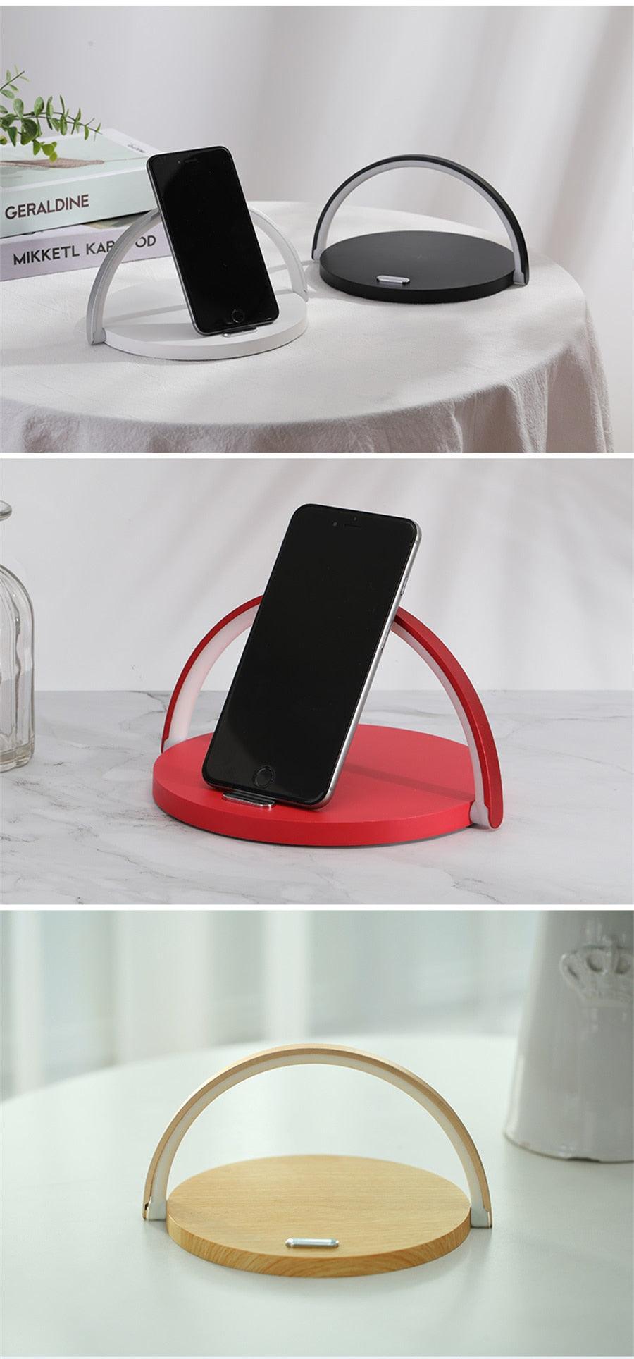 Wireless Charger LED Night Light Desk Lamp by Stevvex with arc phone holder white/black/red/wood on Tampa Home & Garden Store