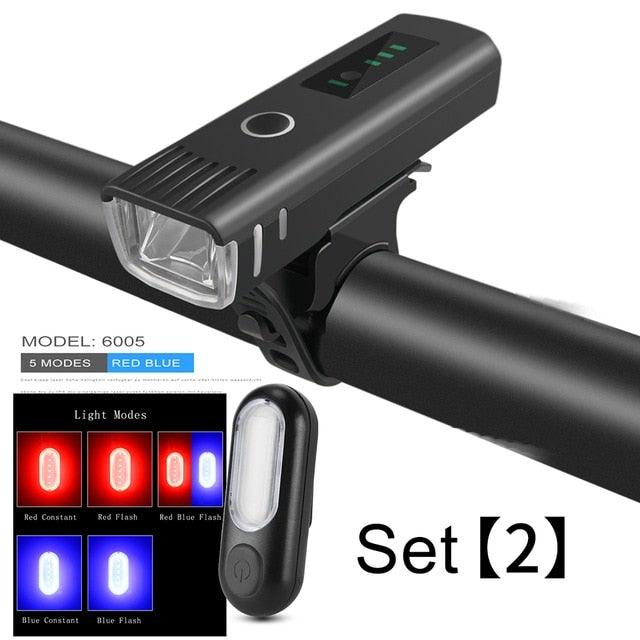Stevvex bike light set with front headlight and rear taillight, USB rechargeable, 4 modes, black on Tampa Home & Garden Store