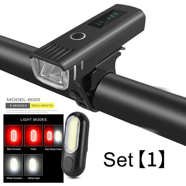 2pc black flashlight set with front headlight and rear taillight USB rechargeable 5 modes on Tampa Home & Garden Store