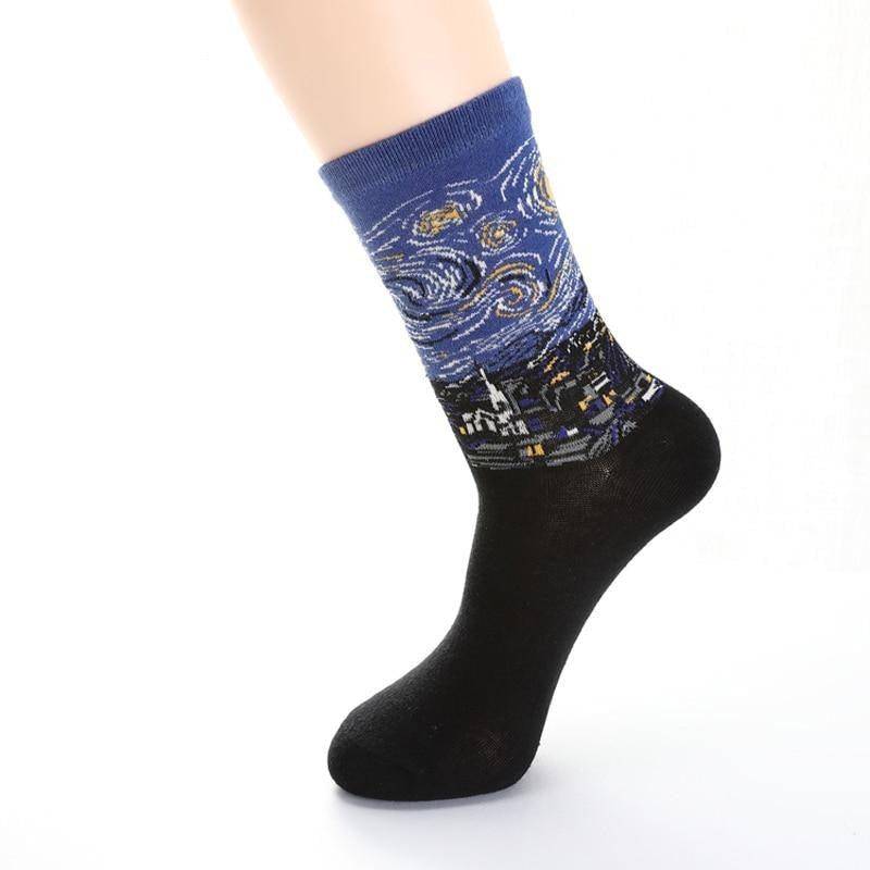 Stevvex women crew socks with blue cuff and black toe, abstract oil-painting night cityscape on Tampa Home & Garden Store