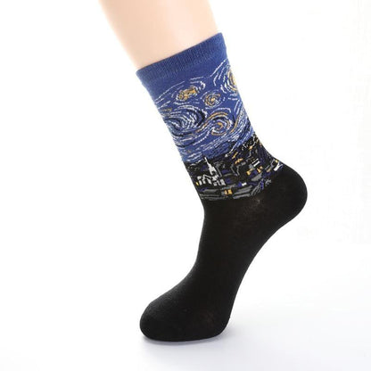 Stevvex women crew socks with blue cuff and black toe, abstract oil-painting night cityscape on Tampa Home & Garden Store