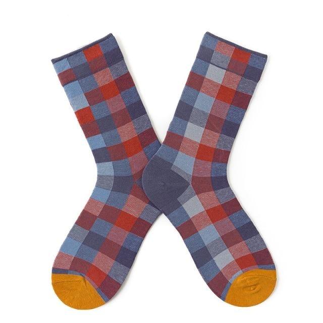 Stevvex pair of crew socks, multicolor plaid check design with orange toe patches, cotton blend on Tampa Home & Garden Store