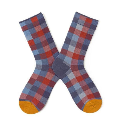 Stevvex pair of crew socks, multicolor plaid check design with orange toe patches, cotton blend on Tampa Home & Garden Store