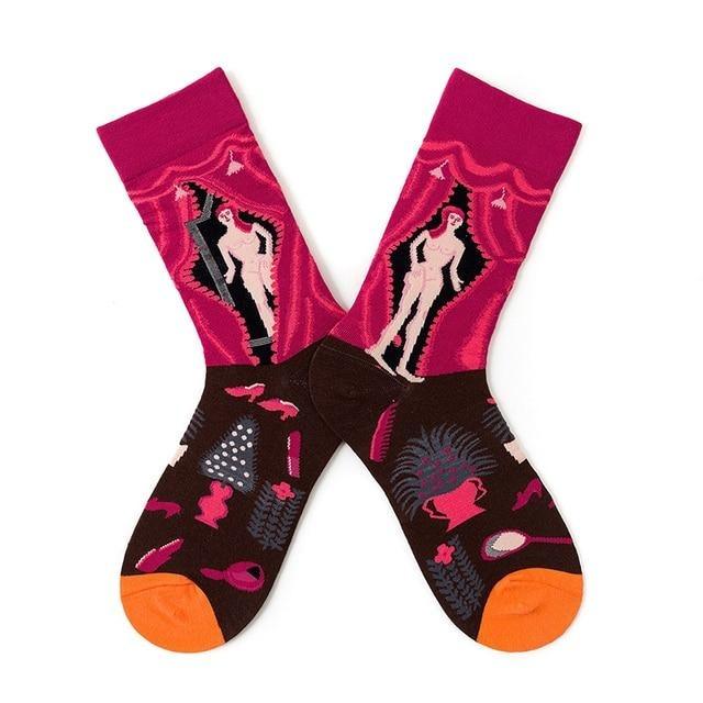 Stevvex novelty crew socks pair pink and brown oil painting design with orange toes on Tampa Home & Garden Store