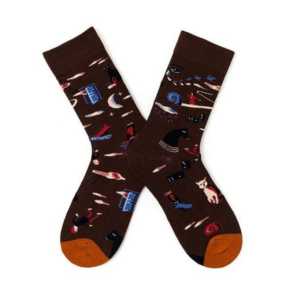 Stevvex novelty crew socks brown cotton abstract oil painting motif on Tampa Home & Garden Store