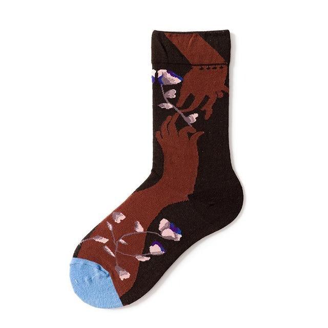 Stevvex crew sock with abstract oil painting print, brown/black, blue toe, combed cotton 1 pair on Tampa Home & Garden Store