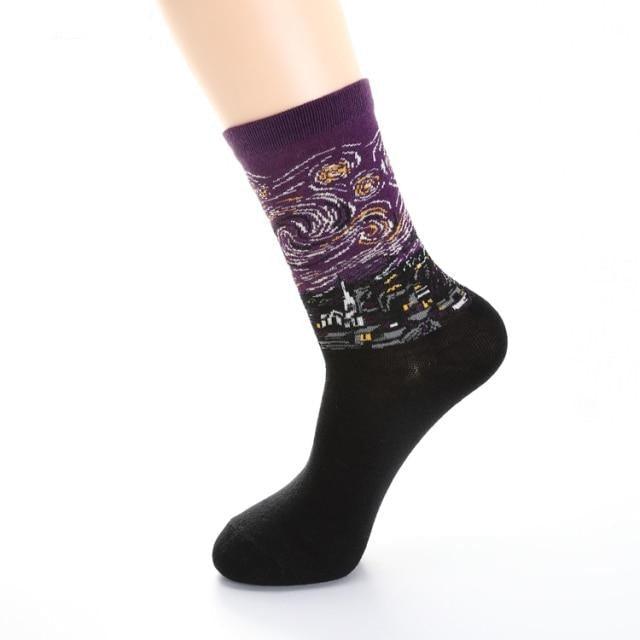 Stevvex cotton crew socks with purple cuff and black foot, abstract oil painting pattern on Tampa Home & Garden Store
