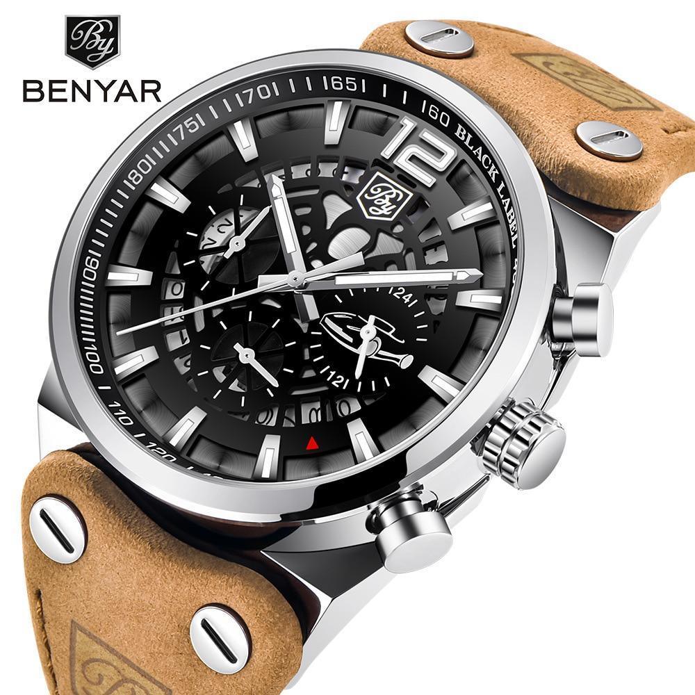 Mens Benyar analog chronograph watch with skeleton black dial, leather strap on Tampa Home & Garden Store